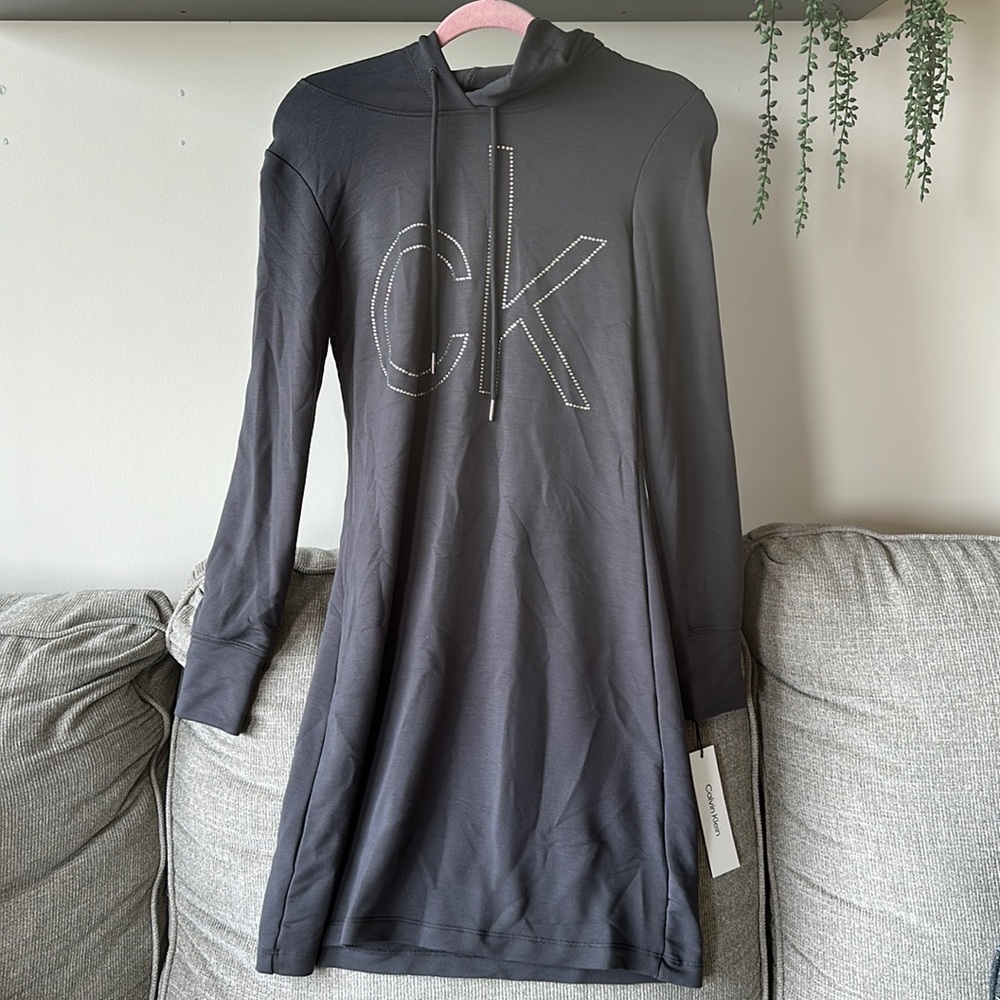 Calvin Klein Charcoal Gray Long Sleeve Hooded Logo Dress